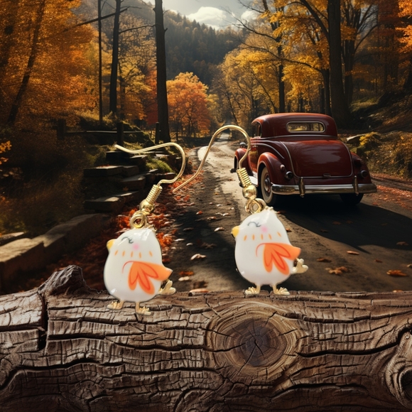 Gold Hook Cute White & Orange Bird Dangle Earrings - Picture 2 of 5